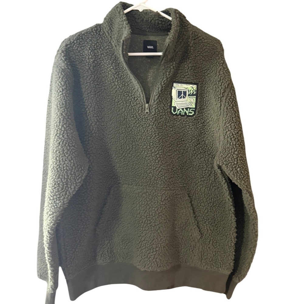 Vans Mens Olive Green Sherpa Fleece Quarter Zip‎ Pullover Graphic Skater M